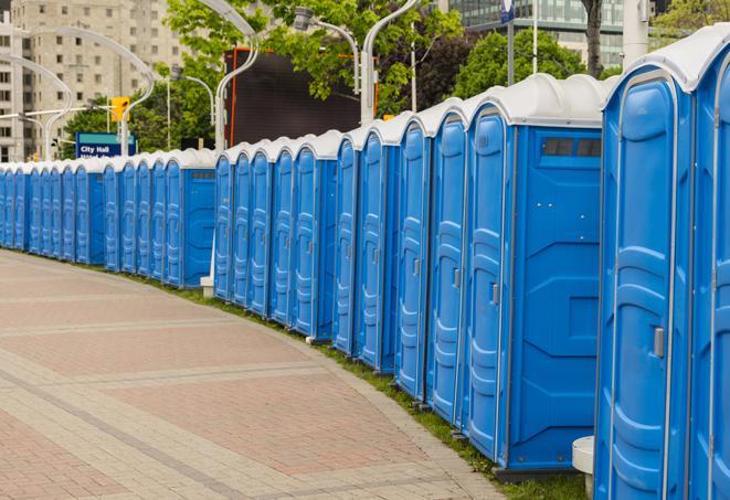 a line of portable restrooms set up for a wedding or special event, ensuring guests have access to comfortable and clean facilities throughout the duration of the celebration in Bodega Bay CA